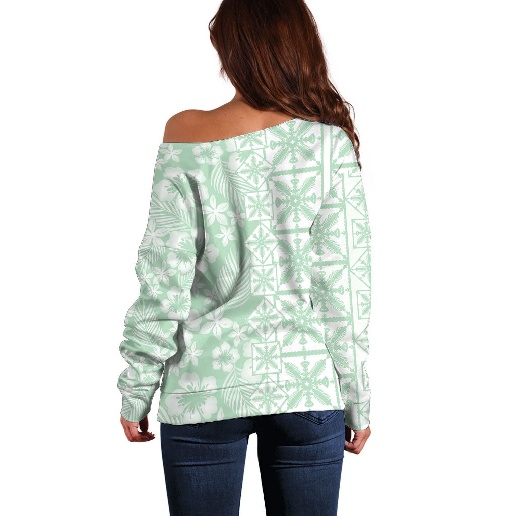 Pastel Green Kahili Quilt Hawaii Off Shoulder Sweater Tropical Flower Seamless Half Style