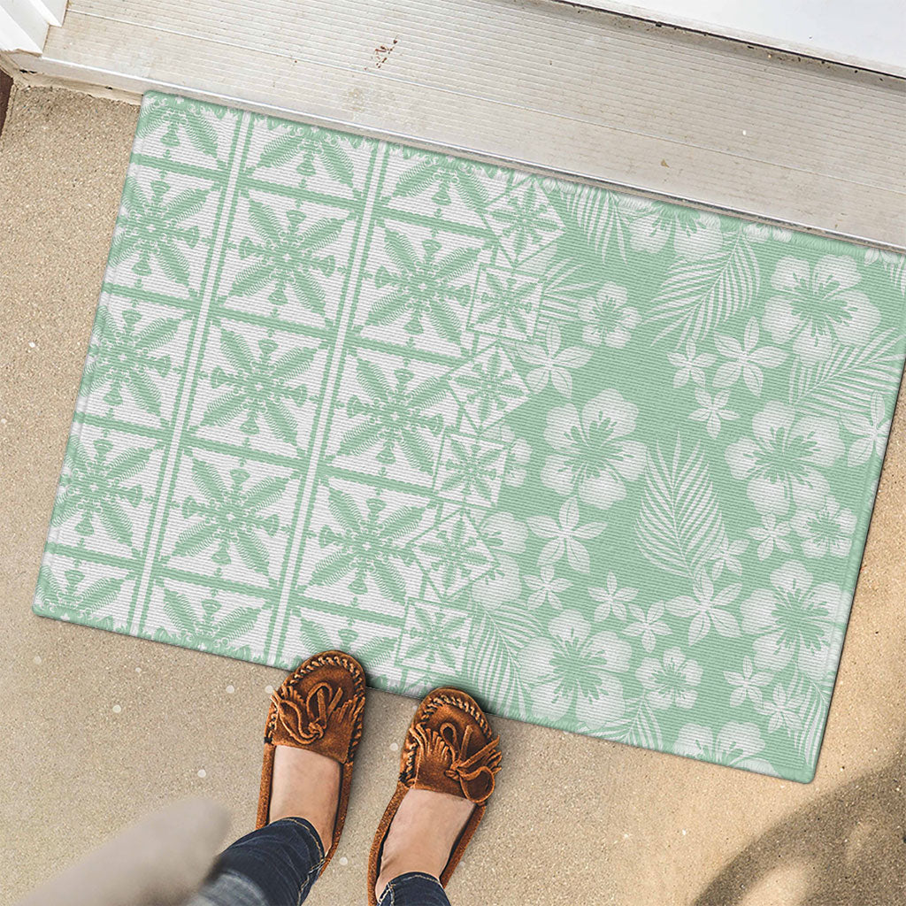 Pastel Green Kahili Quilt Hawaii Rubber Doormat Tropical Flower Seamless Half Style