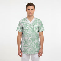 Pastel Green Kahili Quilt Hawaii Scrub Top Tropical Flower Seamless Half Style