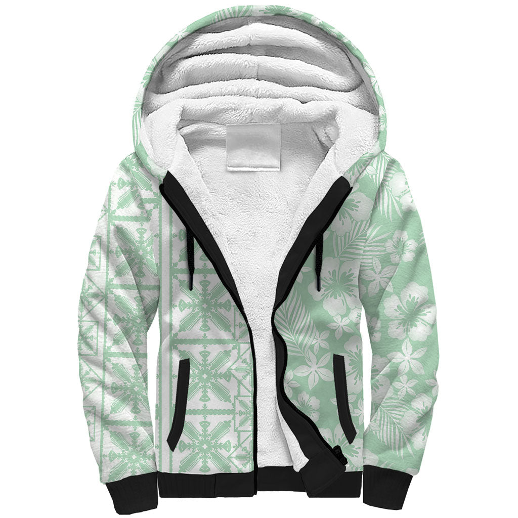 Pastel Green Kahili Quilt Hawaii Sherpa Hoodie Tropical Flower Seamless Half Style LT14 Unisex Green - Polynesian Pride