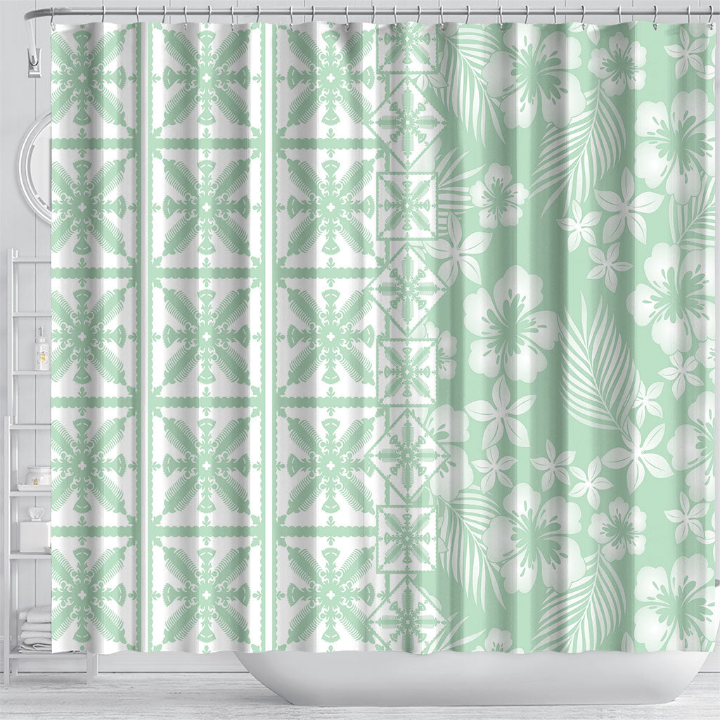 Pastel Green Kahili Quilt Hawaii Shower Curtain Tropical Flower Seamless Half Style