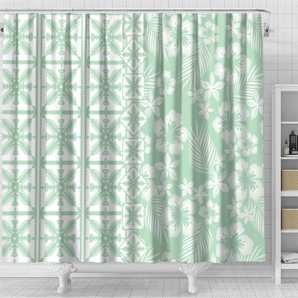 Pastel Green Kahili Quilt Hawaii Shower Curtain Tropical Flower Seamless Half Style