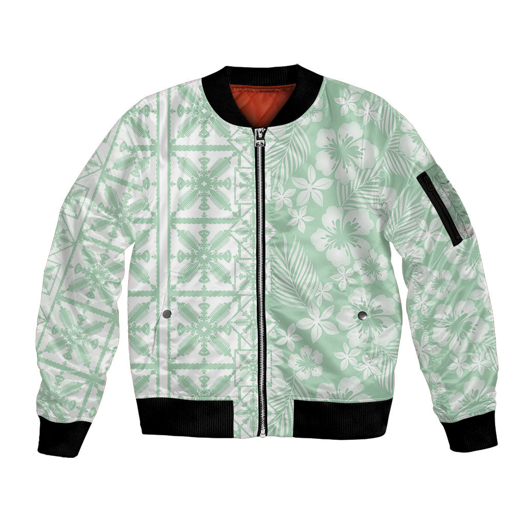 Pastel Green Kahili Quilt Hawaii Sleeve Zip Bomber Jacket Tropical Flower Seamless Half Style LT14 Unisex Green - Polynesian Pride