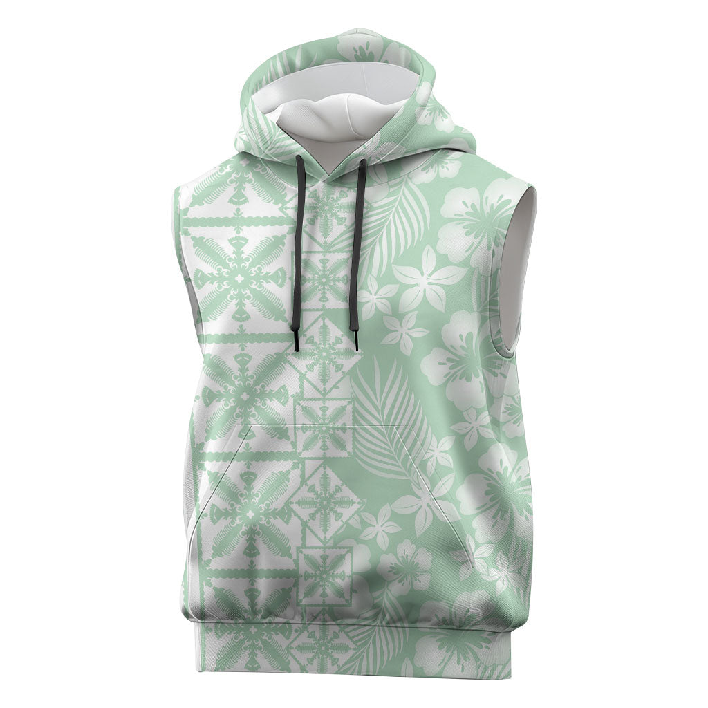Pastel Green Kahili Quilt Hawaii Sleeveless Hoodie Tropical Flower Seamless Half Style LT14 Green - Polynesian Pride