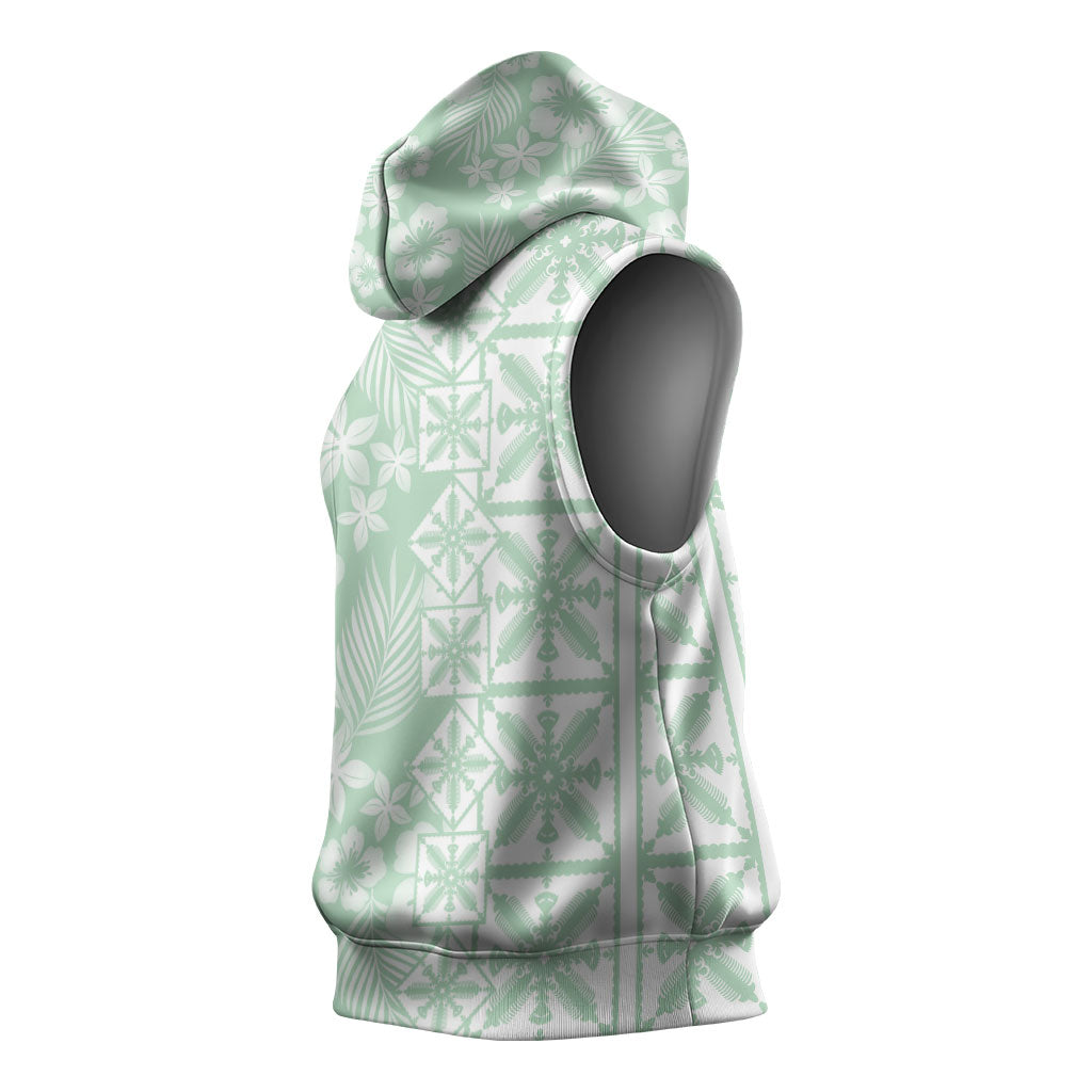 Pastel Green Kahili Quilt Hawaii Sleeveless Hoodie Tropical Flower Seamless Half Style