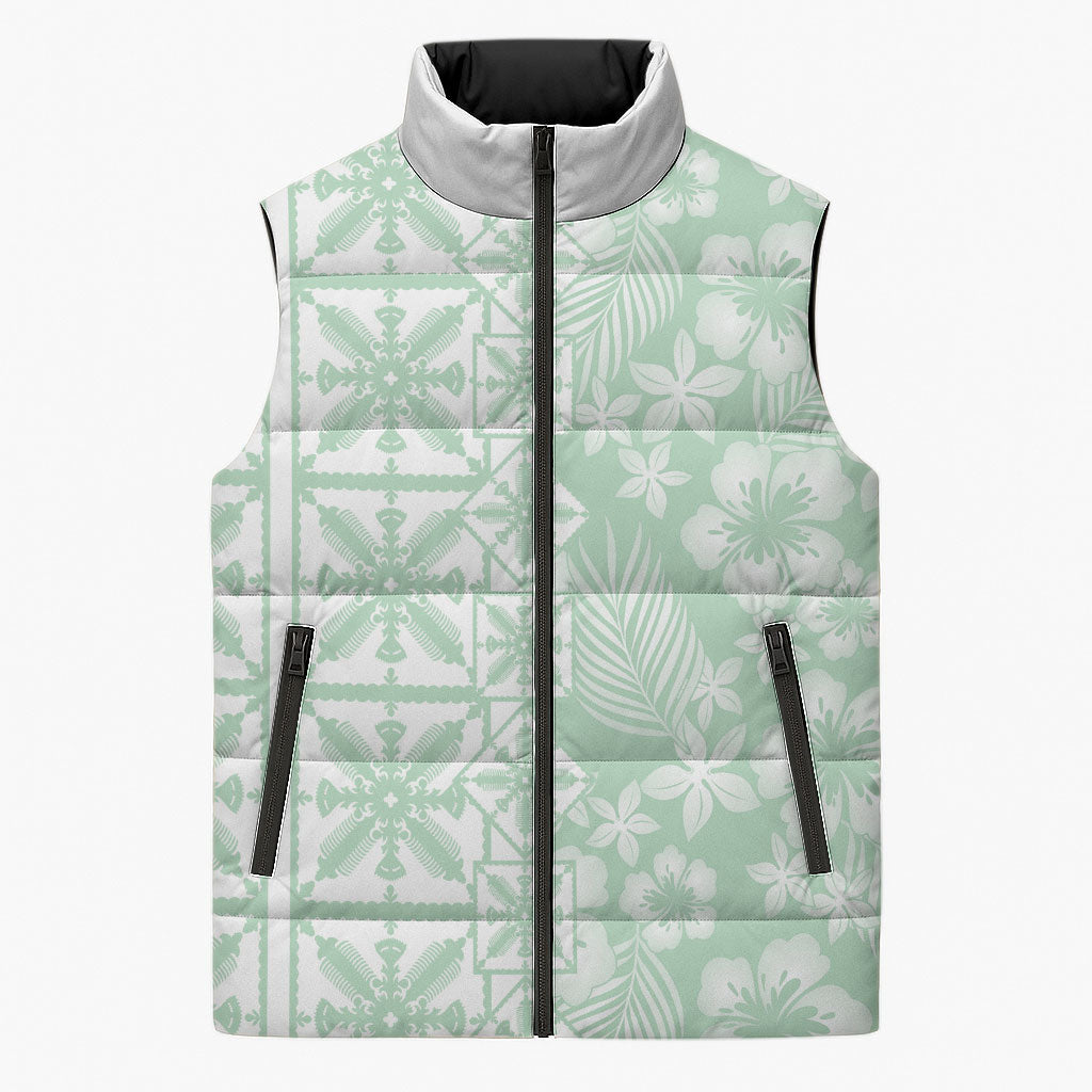 Pastel Green Kahili Quilt Hawaii Sleeveless Puffer Jacket Tropical Flower Seamless Half Style