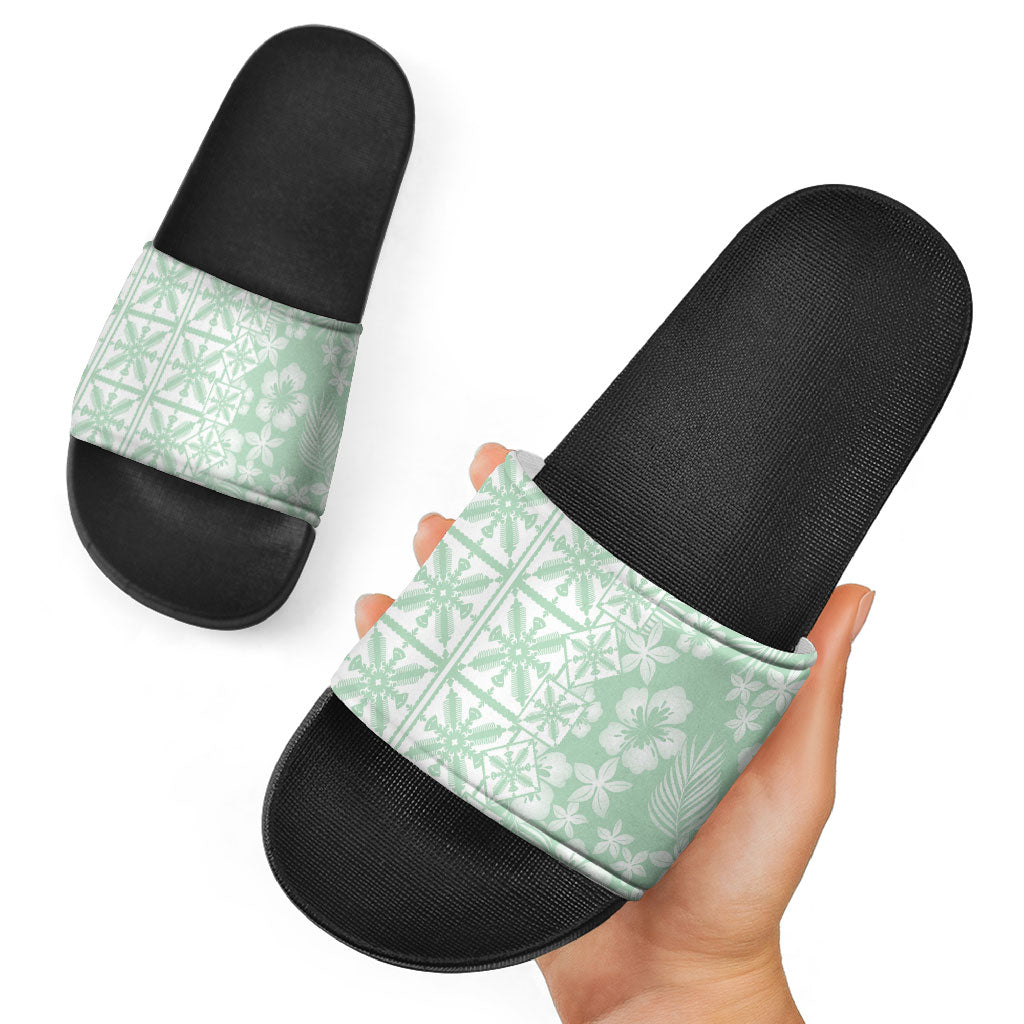 Pastel Green Kahili Quilt Hawaii Slide Sandals Tropical Flower Seamless Half Style