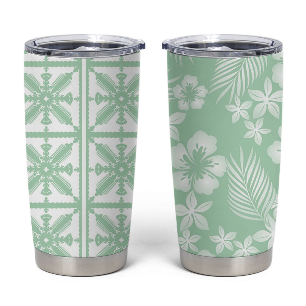 Pastel Green Kahili Quilt Hawaii Tumbler Cup Tropical Flower Seamless Half Style LT14 Green - Polynesian Pride