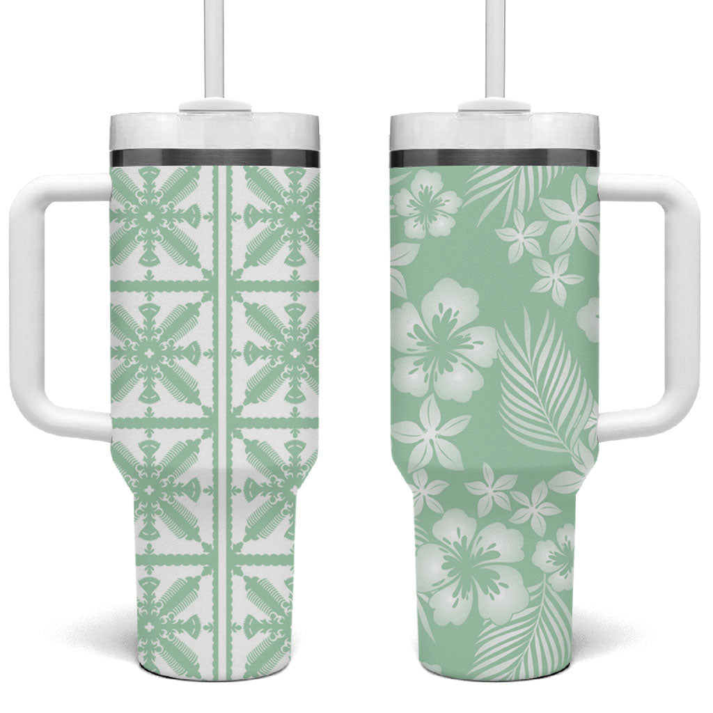 Pastel Green Kahili Quilt Hawaii Tumbler With Handle Tropical Flower Seamless Half Style