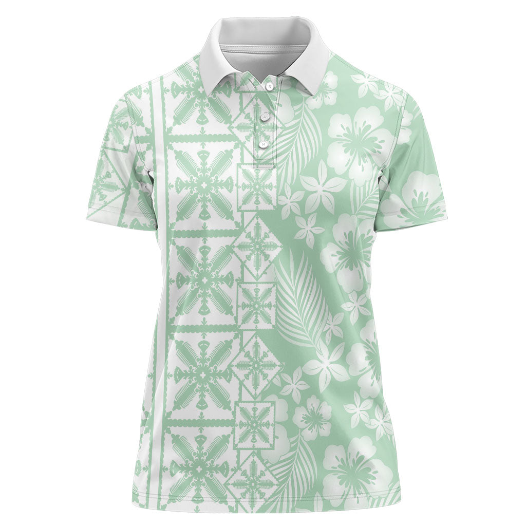 Pastel Green Kahili Quilt Hawaii Women Polo Shirt Tropical Flower Seamless Half Style LT14 Female Green - Polynesian Pride