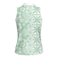 Pastel Green Kahili Quilt Hawaii Women Sleeveless Polo Shirt Tropical Flower Seamless Half Style