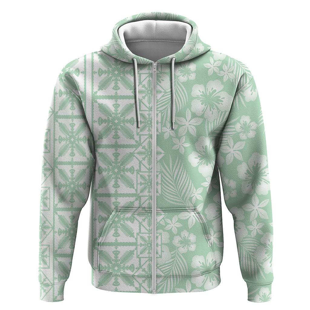 Pastel Green Kahili Quilt Hawaii Zip Hoodie Tropical Flower Seamless Half Style LT14 Zip Hoodie Green - Polynesian Pride