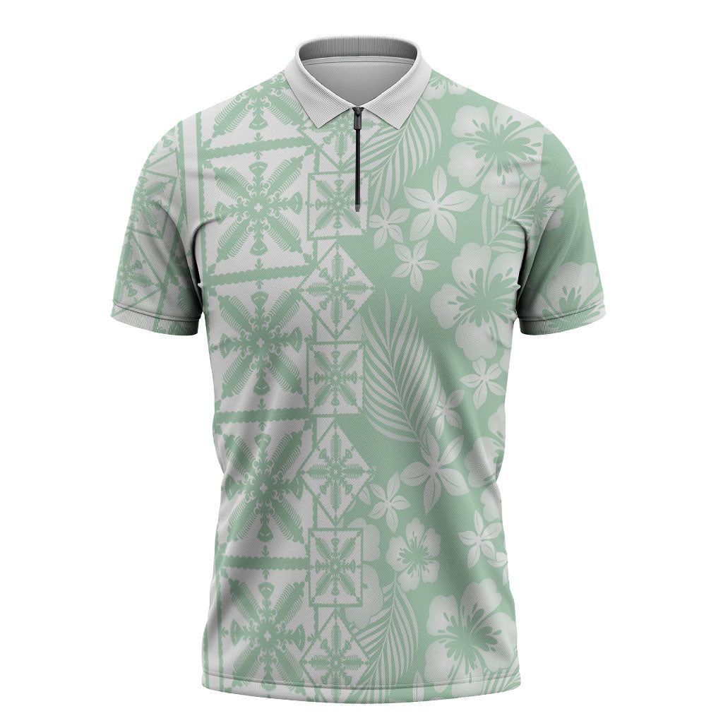 Pastel Green Kahili Quilt Hawaii Zipper Polo Shirt Tropical Flower Seamless Half Style