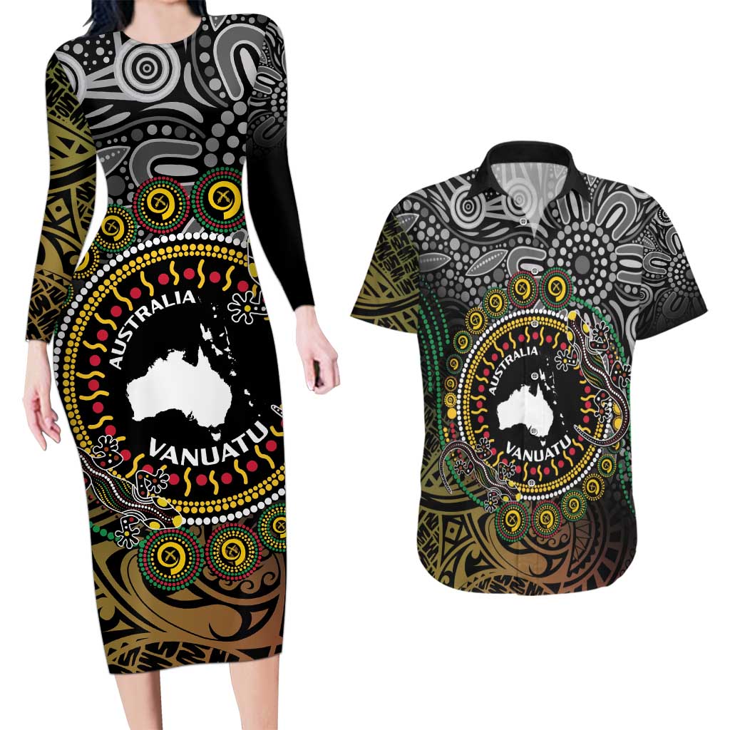 Personalised Australia And Vanuatu Couples Matching Long Sleeve Bodycon Dress and Hawaiian Shirt Aboriginal Lizard Polynesia Ni-Van Pig Tusk LT14 Black - Polynesian Pride