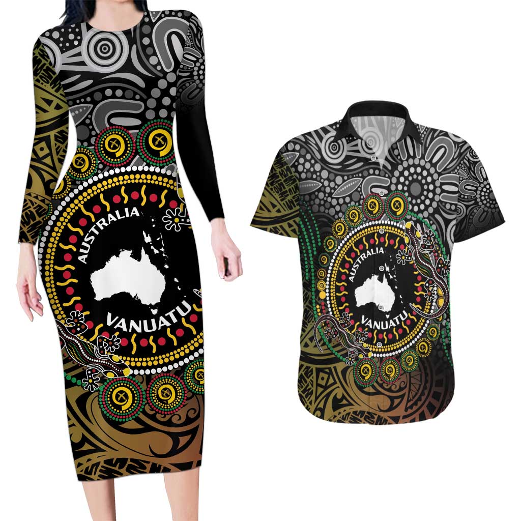 Personalised Australia And Vanuatu Couples Matching Long Sleeve Bodycon Dress and Hawaiian Shirt Aboriginal Lizard Polynesia Ni-Van Pig Tusk