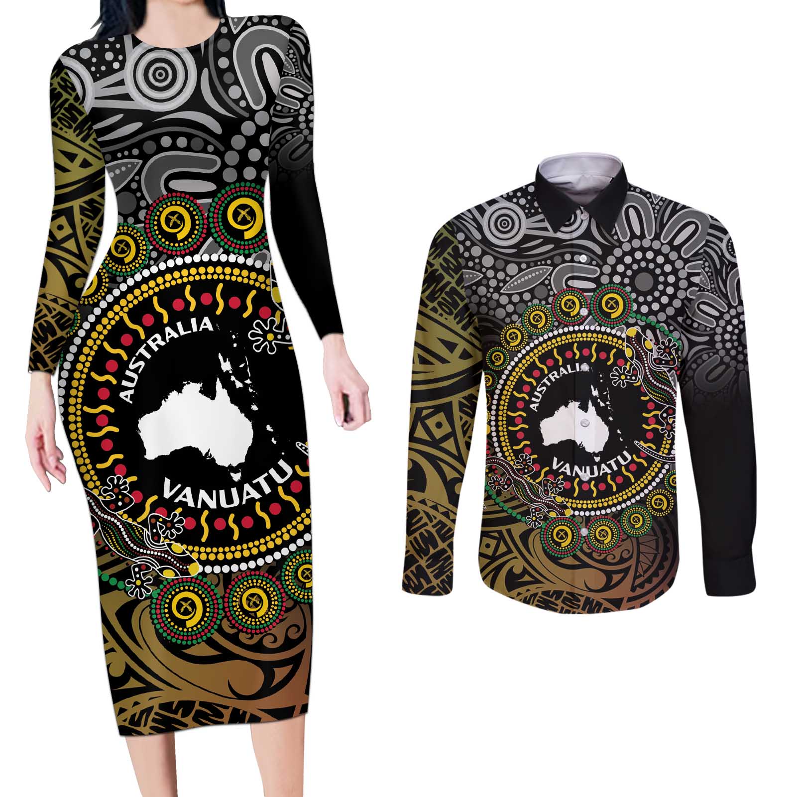 Personalised Australia And Vanuatu Couples Matching Long Sleeve Bodycon Dress and Long Sleeve Button Shirt Aboriginal Lizard Polynesia Ni-Van Pig Tusk