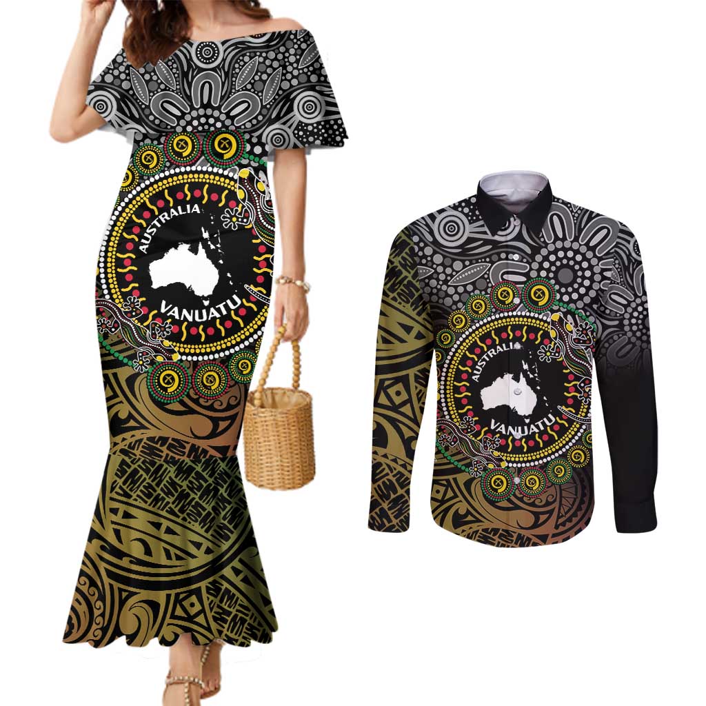 Personalised Australia And Vanuatu Couples Matching Mermaid Dress and Long Sleeve Button Shirt Aboriginal Lizard Polynesia Ni-Van Pig Tusk LT14 Black - Polynesian Pride