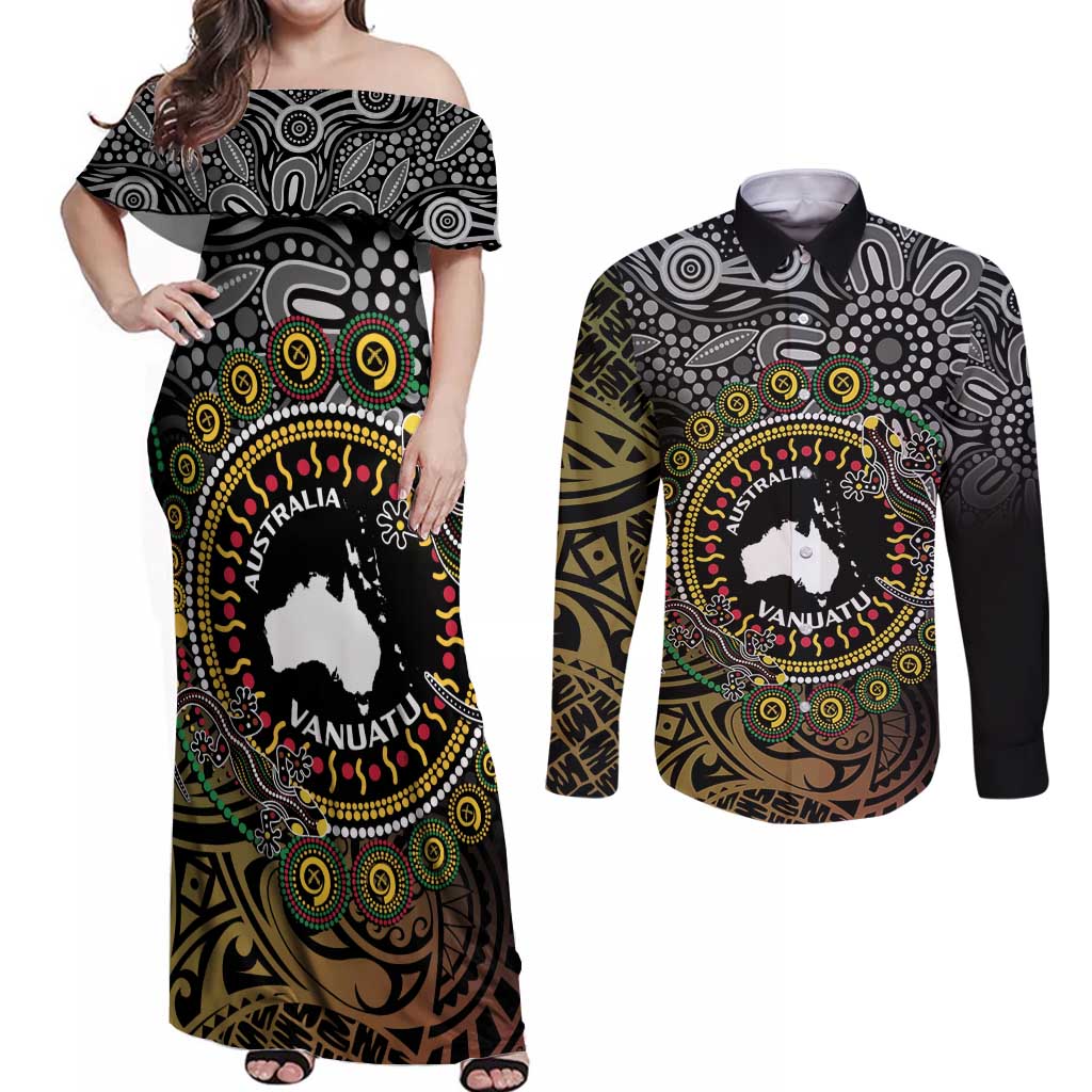 Personalised Australia And Vanuatu Couples Matching Off Shoulder Maxi Dress and Long Sleeve Button Shirt Aboriginal Lizard Polynesia Ni-Van Pig Tusk LT14 Black - Polynesian Pride