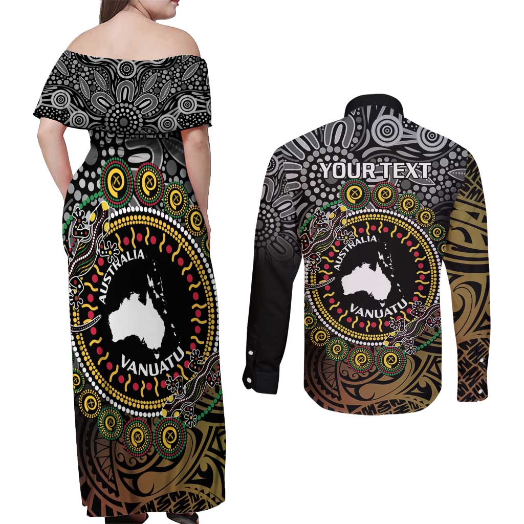 Personalised Australia And Vanuatu Couples Matching Off Shoulder Maxi Dress and Long Sleeve Button Shirt Aboriginal Lizard Polynesia Ni-Van Pig Tusk LT14 - Polynesian Pride