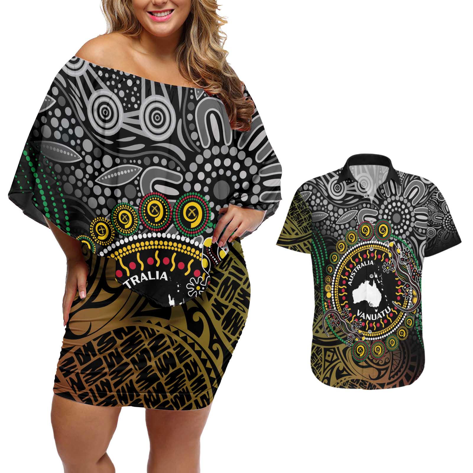 Personalised Australia And Vanuatu Couples Matching Off Shoulder Short Dress and Hawaiian Shirt Aboriginal Lizard Polynesia Ni-Van Pig Tusk