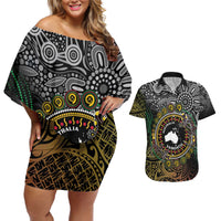 Personalised Australia And Vanuatu Couples Matching Off Shoulder Short Dress and Hawaiian Shirt Aboriginal Lizard Polynesia Ni-Van Pig Tusk LT14 Black - Polynesian Pride