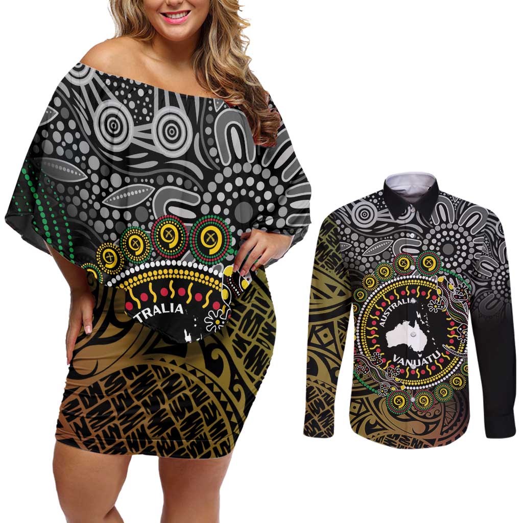 Personalised Australia And Vanuatu Couples Matching Off Shoulder Short Dress and Long Sleeve Button Shirt Aboriginal Lizard Polynesia Ni-Van Pig Tusk LT14 Black - Polynesian Pride