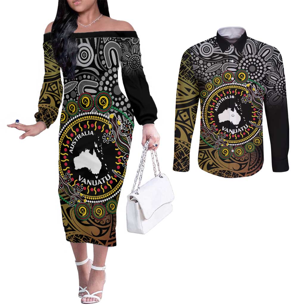 Personalised Australia And Vanuatu Couples Matching Off The Shoulder Long Sleeve Dress and Long Sleeve Button Shirt Aboriginal Lizard Polynesia Ni-Van Pig Tusk