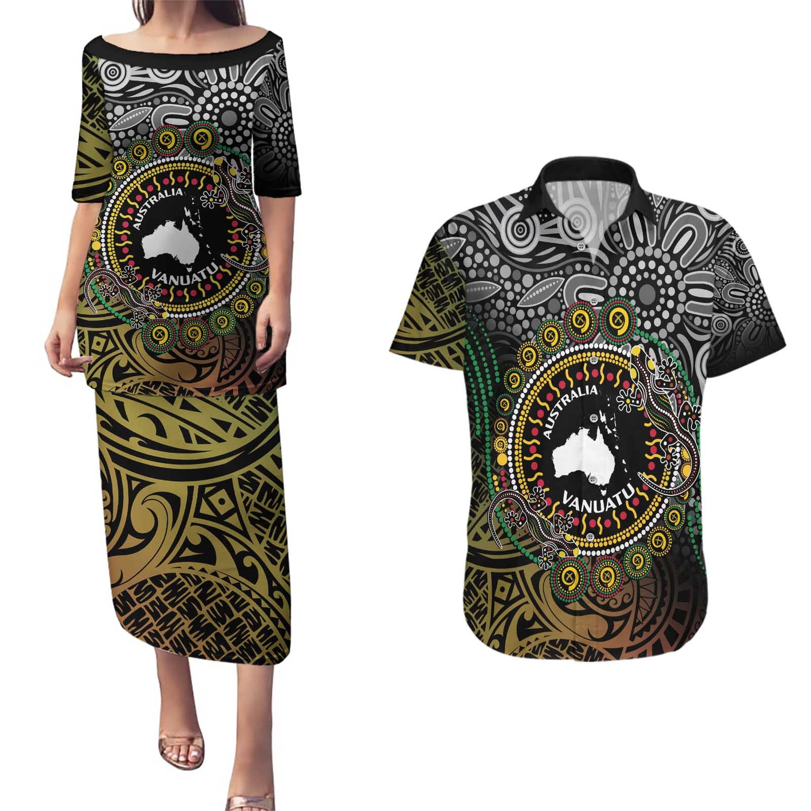 Personalised Australia And Vanuatu Couples Matching Puletasi and Hawaiian Shirt Aboriginal Lizard Polynesia Ni-Van Pig Tusk LT14 Black - Polynesian Pride