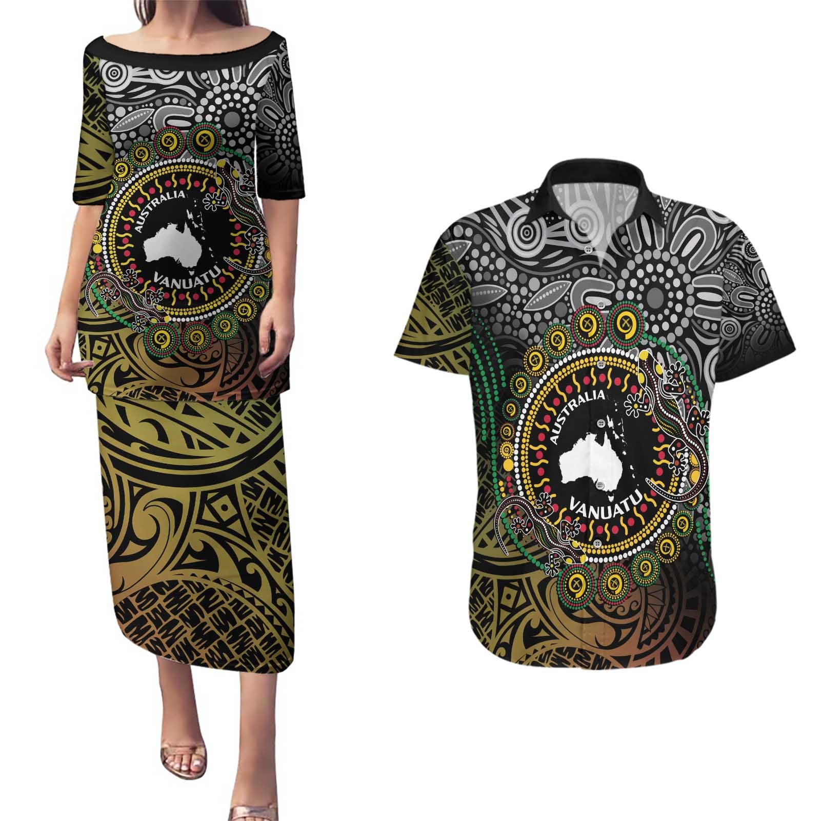 Personalised Australia And Vanuatu Couples Matching Puletasi and Hawaiian Shirt Aboriginal Lizard Polynesia Ni-Van Pig Tusk