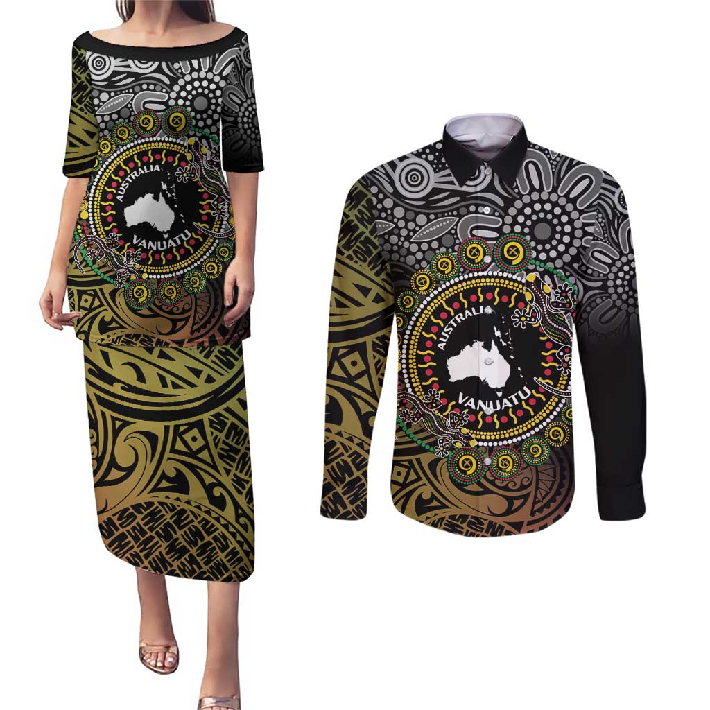 Personalised Australia And Vanuatu Couples Matching Puletasi and Long Sleeve Button Shirt Aboriginal Lizard Polynesia Ni-Van Pig Tusk LT14 Black - Polynesian Pride