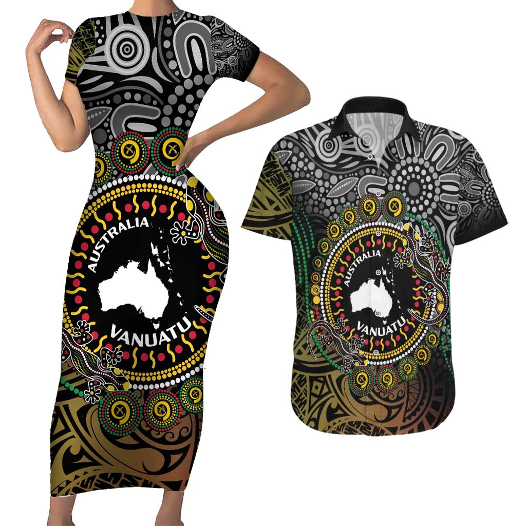 Personalised Australia And Vanuatu Couples Matching Short Sleeve Bodycon Dress and Hawaiian Shirt Aboriginal Lizard Polynesia Ni-Van Pig Tusk