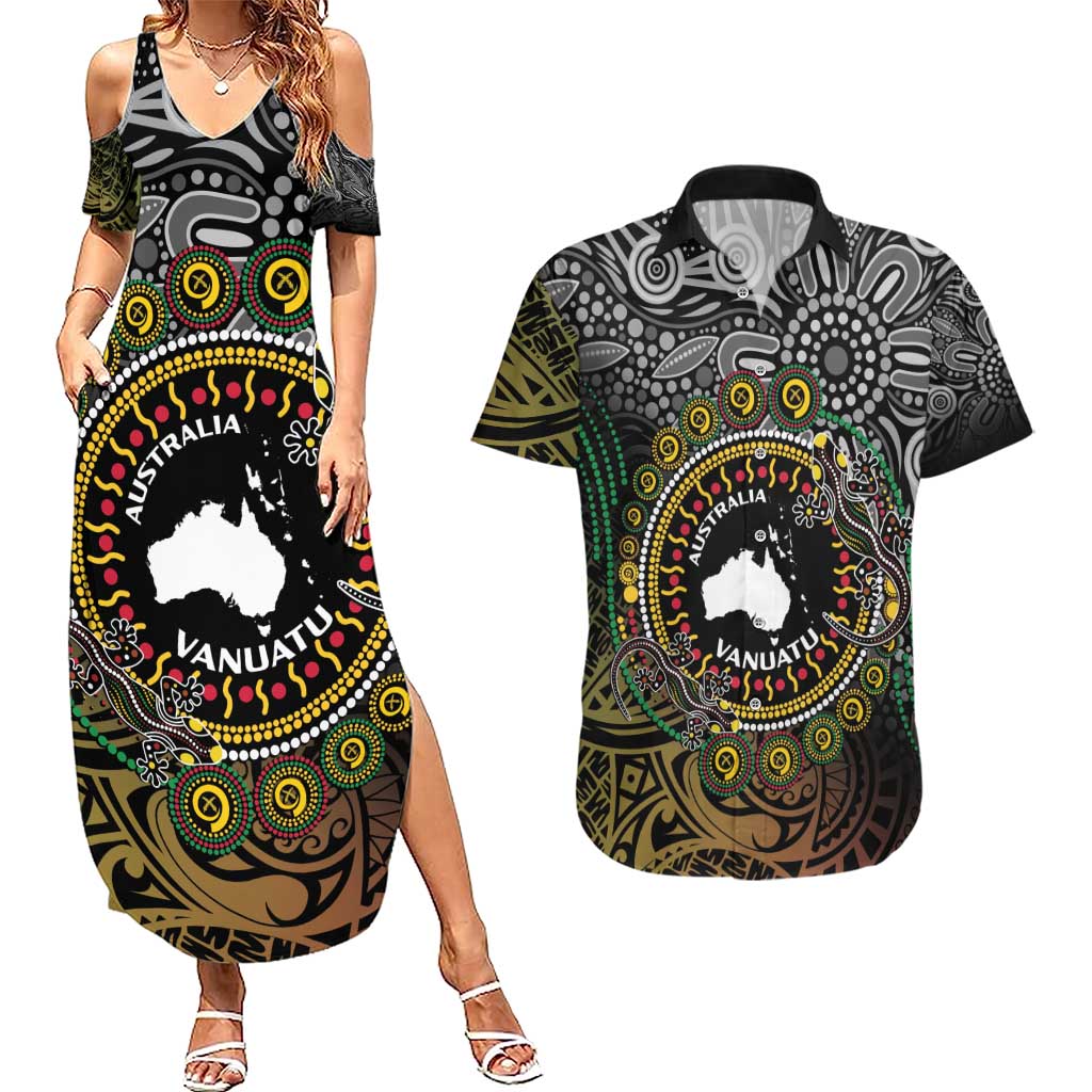 Personalised Australia And Vanuatu Couples Matching Summer Maxi Dress and Hawaiian Shirt Aboriginal Lizard Polynesia Ni-Van Pig Tusk