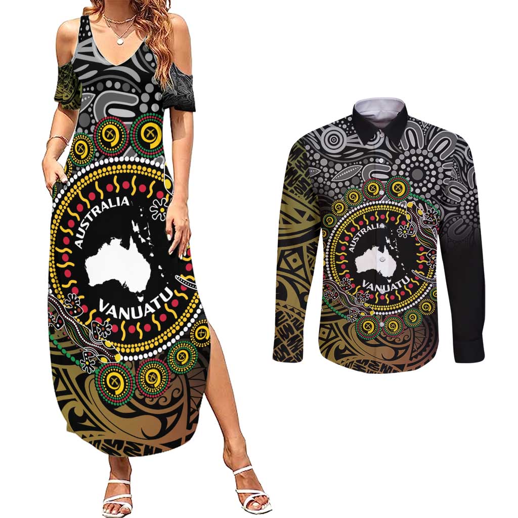 Personalised Australia And Vanuatu Couples Matching Summer Maxi Dress and Long Sleeve Button Shirt Aboriginal Lizard Polynesia Ni-Van Pig Tusk