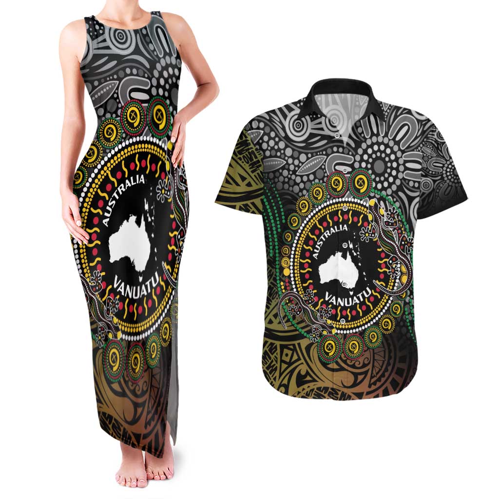 Personalised Australia And Vanuatu Couples Matching Tank Maxi Dress and Hawaiian Shirt Aboriginal Lizard Polynesia Ni-Van Pig Tusk LT14 Black - Polynesian Pride