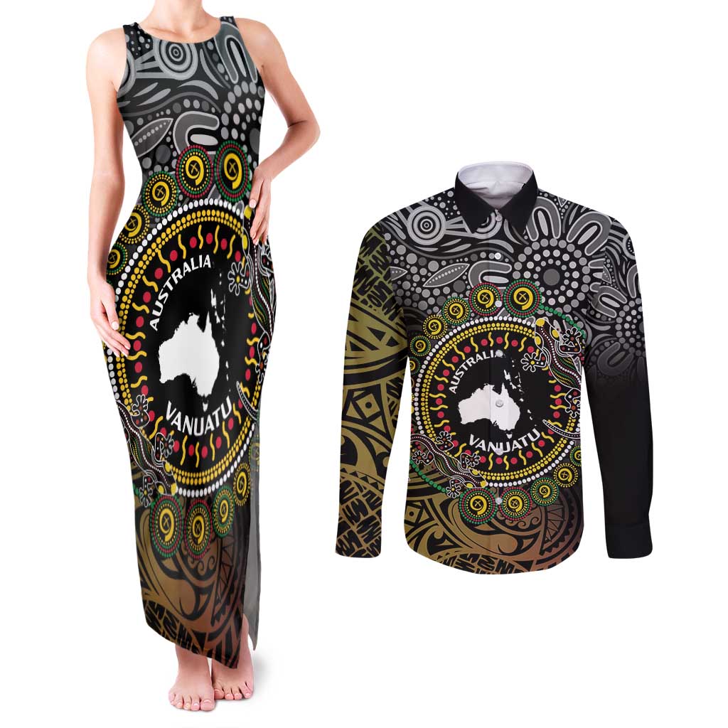 Personalised Australia And Vanuatu Couples Matching Tank Maxi Dress and Long Sleeve Button Shirt Aboriginal Lizard Polynesia Ni-Van Pig Tusk LT14 Black - Polynesian Pride