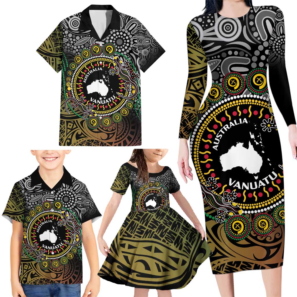 Personalised Australia And Vanuatu Family Matching Long Sleeve Bodycon Dress and Hawaiian Shirt Aboriginal Lizard Polynesia Ni-Van Pig Tusk