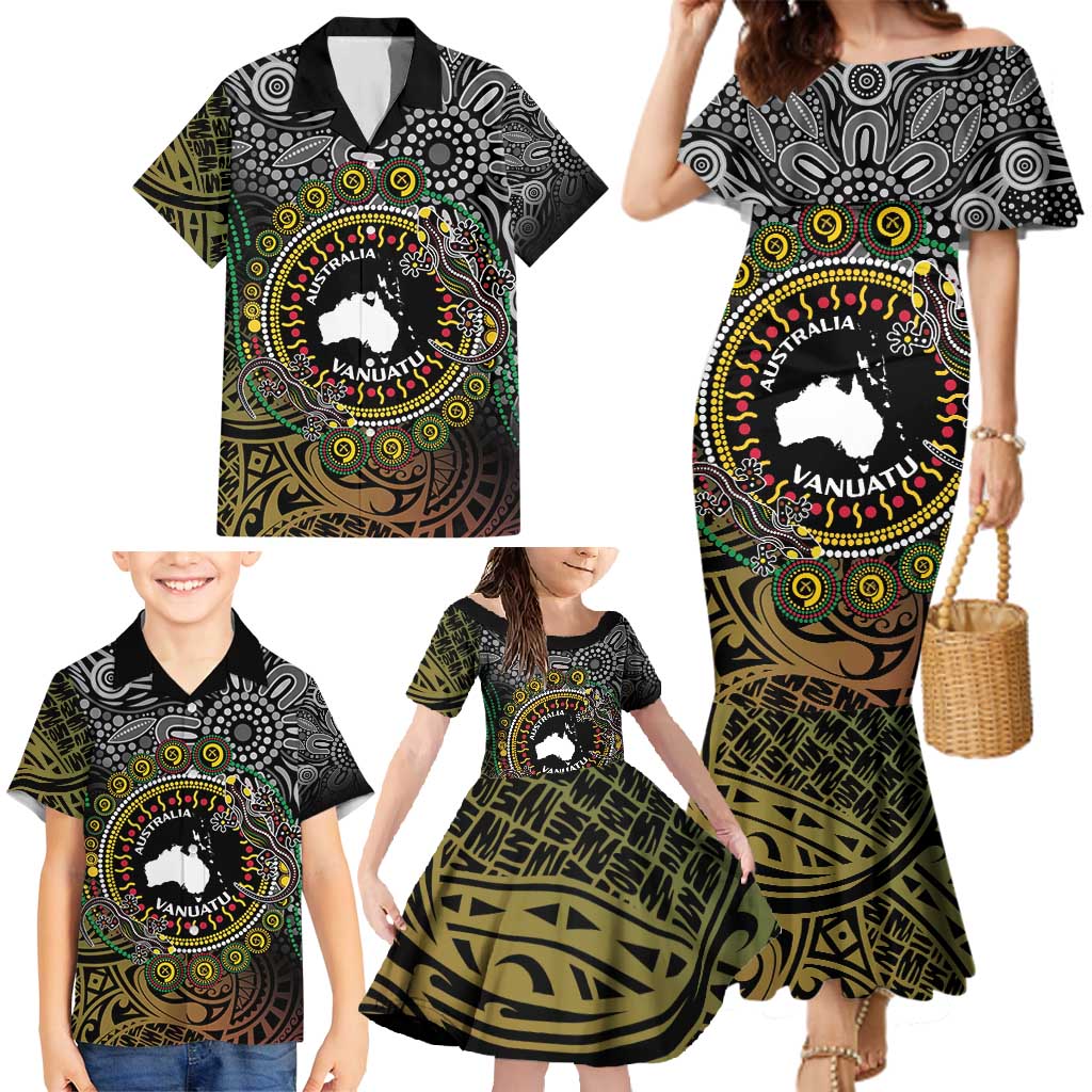 Personalised Australia And Vanuatu Family Matching Mermaid Dress and Hawaiian Shirt Aboriginal Lizard Polynesia Ni-Van Pig Tusk