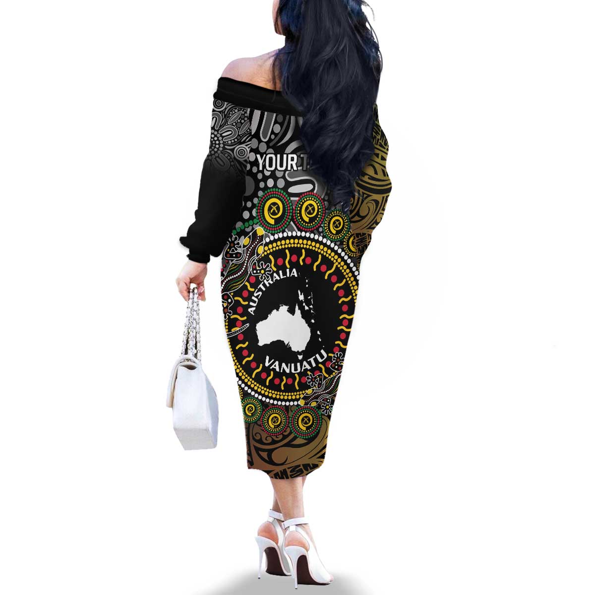 Personalised Australia And Vanuatu Family Matching Off The Shoulder Long Sleeve Dress and Hawaiian Shirt Aboriginal Lizard Polynesia Ni-Van Pig Tusk