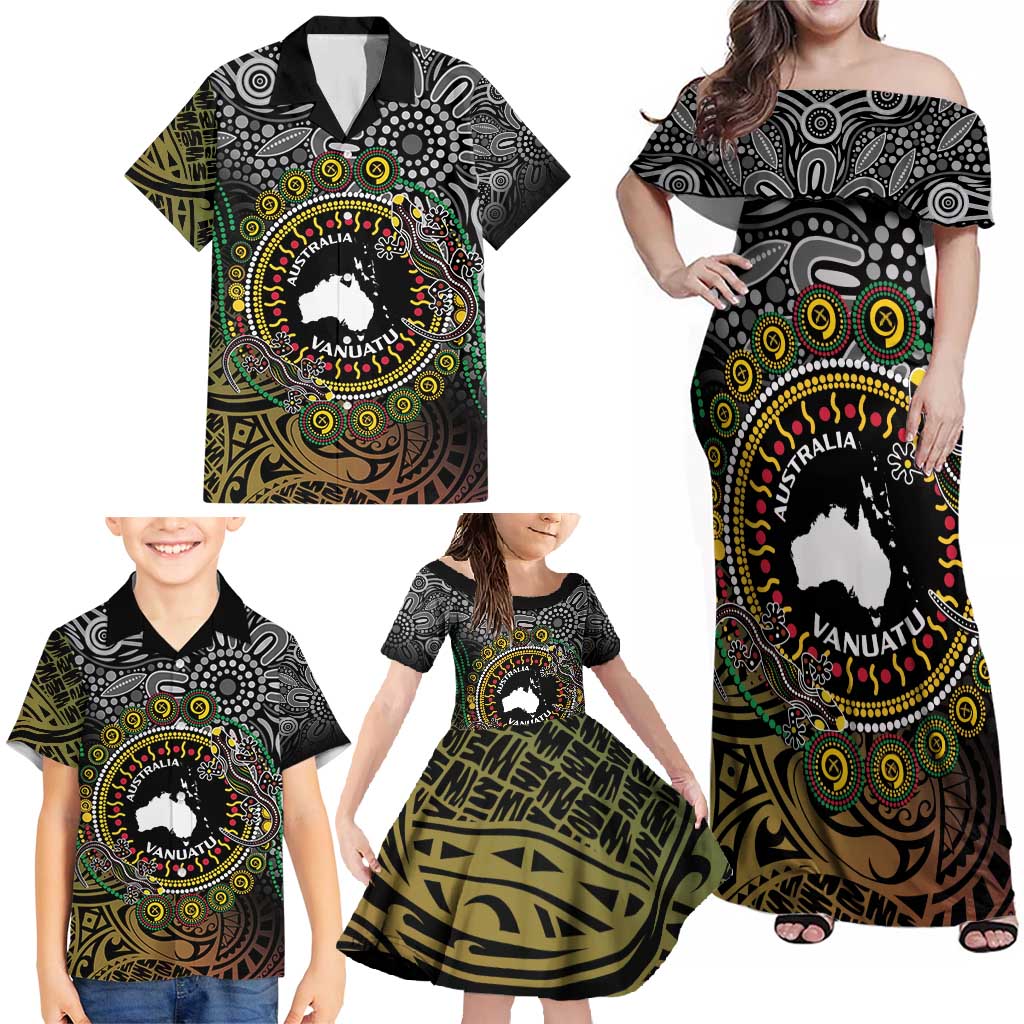 Personalised Australia And Vanuatu Family Matching Off Shoulder Maxi Dress and Hawaiian Shirt Aboriginal Lizard Polynesia Ni-Van Pig Tusk