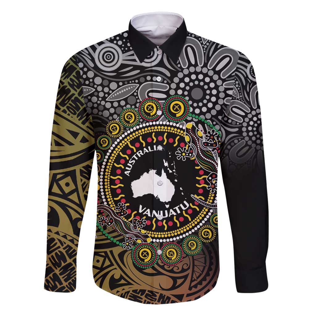Personalised Australia And Vanuatu Family Matching Off Shoulder Maxi Dress and Hawaiian Shirt Aboriginal Lizard Polynesia Ni-Van Pig Tusk LT14 Dad's Shirt - Long Sleeve Black - Polynesian Pride