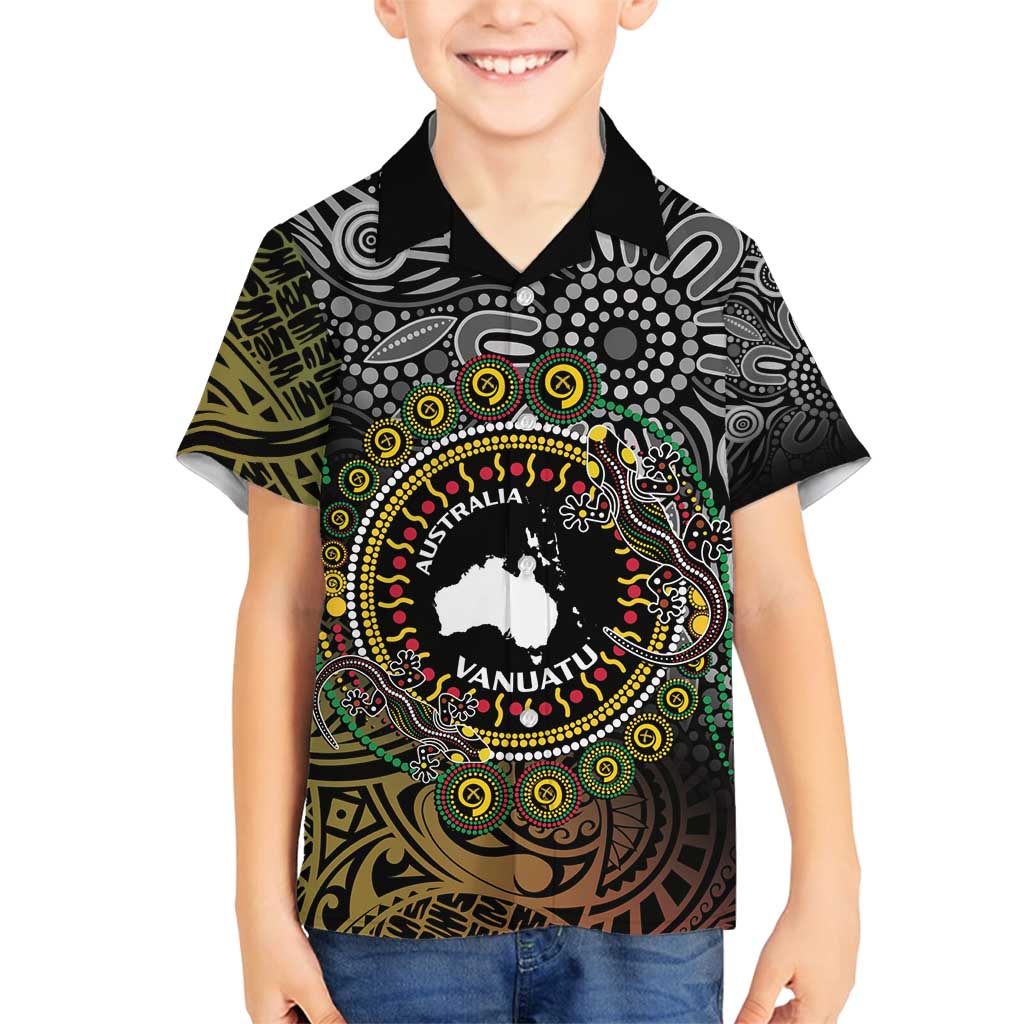 Personalised Australia And Vanuatu Family Matching Off Shoulder Maxi Dress and Hawaiian Shirt Aboriginal Lizard Polynesia Ni-Van Pig Tusk LT14 Son's Shirt Black - Polynesian Pride