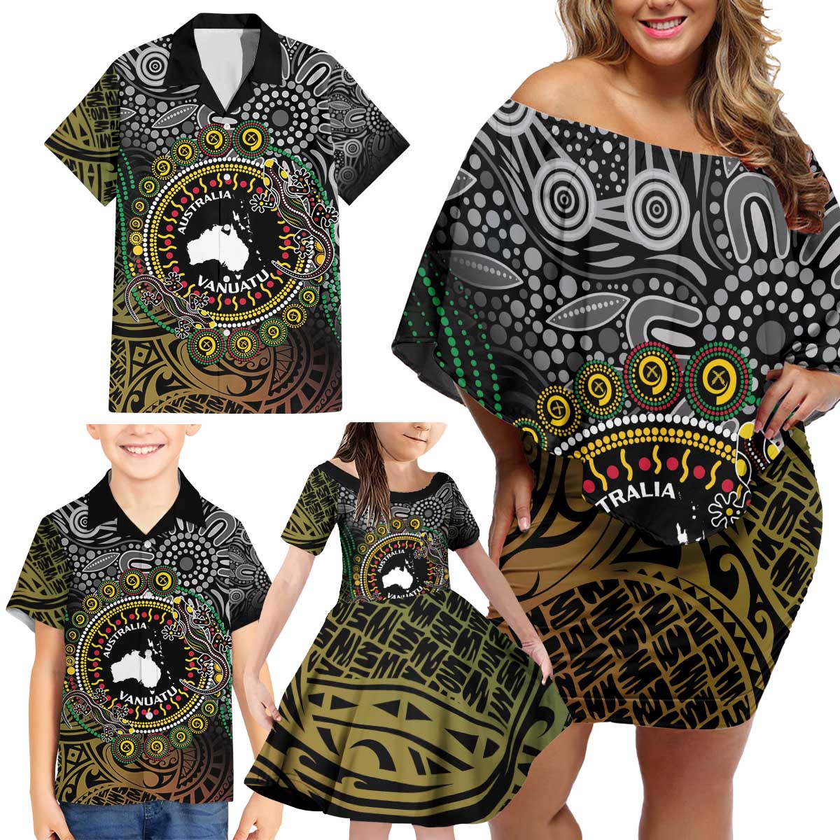 Personalised Australia And Vanuatu Family Matching Off Shoulder Short Dress and Hawaiian Shirt Aboriginal Lizard Polynesia Ni-Van Pig Tusk LT14 - Polynesian Pride