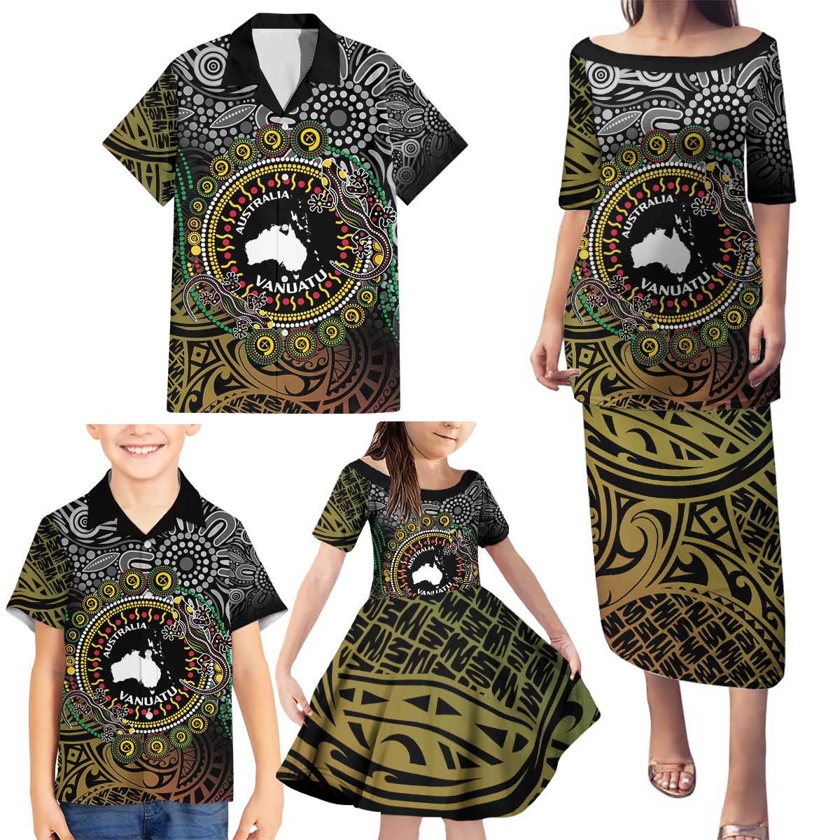 Personalised Australia And Vanuatu Family Matching Puletasi and Hawaiian Shirt Aboriginal Lizard Polynesia Ni-Van Pig Tusk LT14 - Polynesian Pride