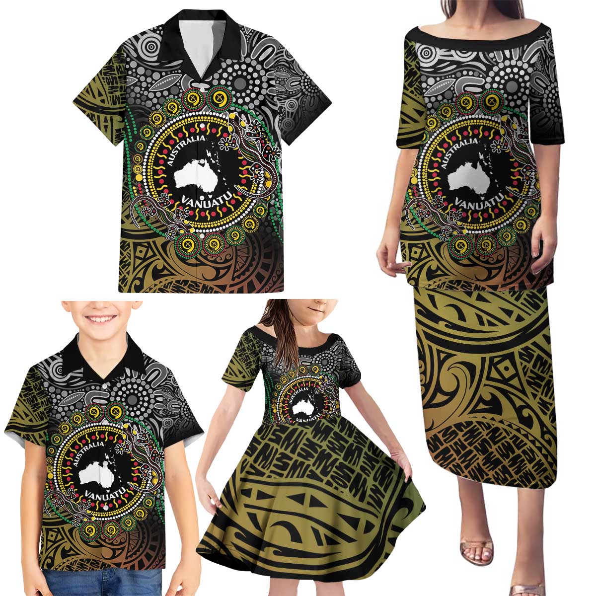 Personalised Australia And Vanuatu Family Matching Puletasi and Hawaiian Shirt Aboriginal Lizard Polynesia Ni-Van Pig Tusk