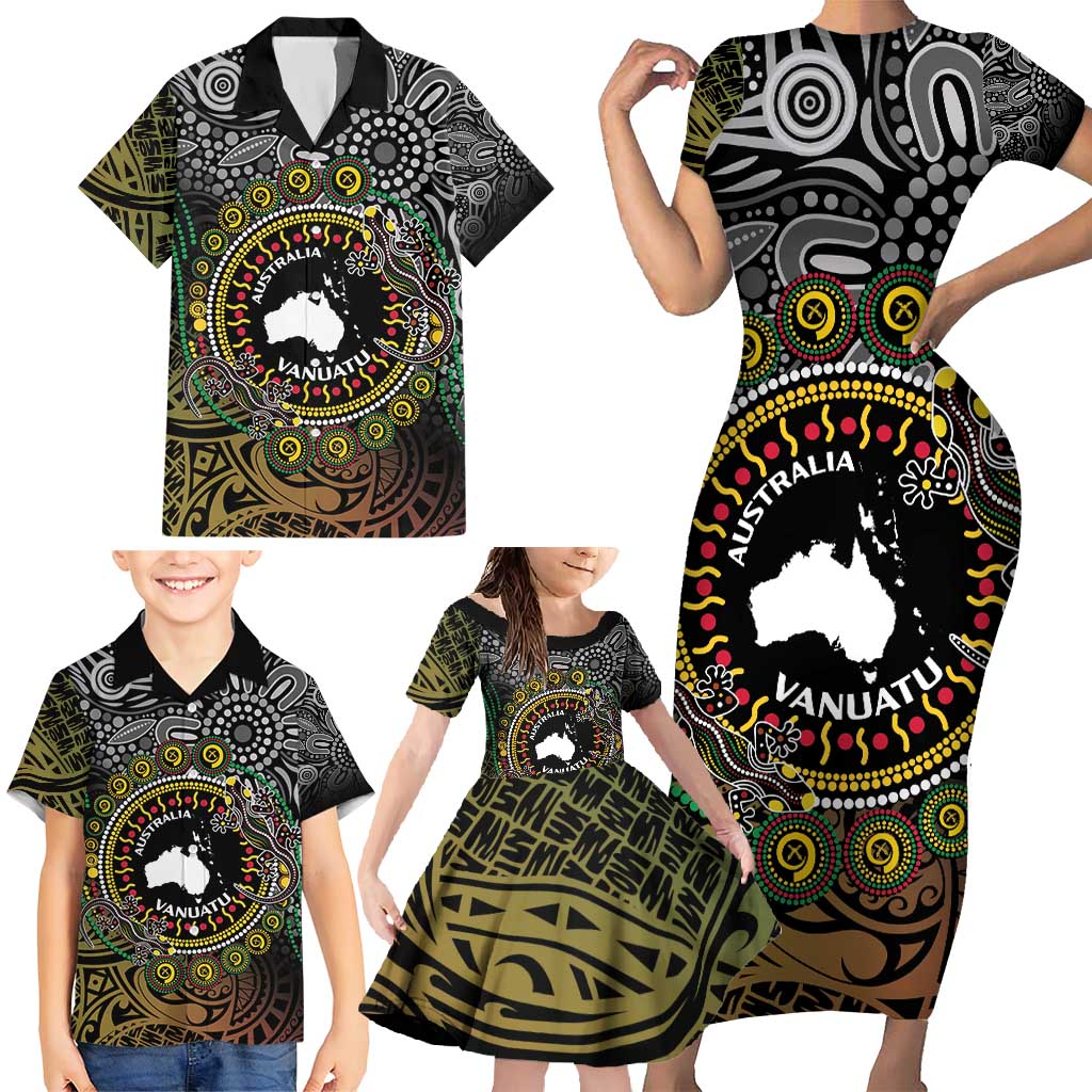 Personalised Australia And Vanuatu Family Matching Short Sleeve Bodycon Dress and Hawaiian Shirt Aboriginal Lizard Polynesia Ni-Van Pig Tusk LT14 - Polynesian Pride