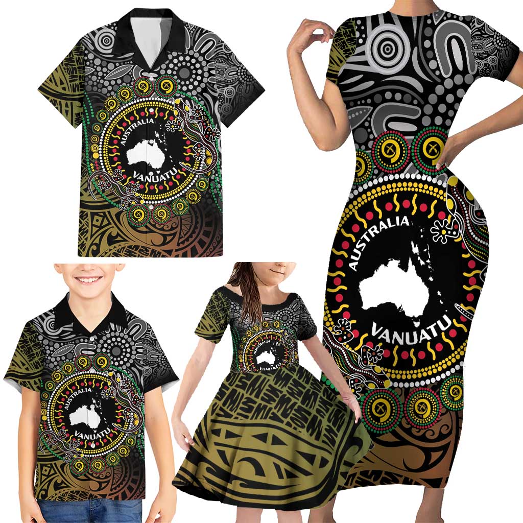 Personalised Australia And Vanuatu Family Matching Short Sleeve Bodycon Dress and Hawaiian Shirt Aboriginal Lizard Polynesia Ni-Van Pig Tusk