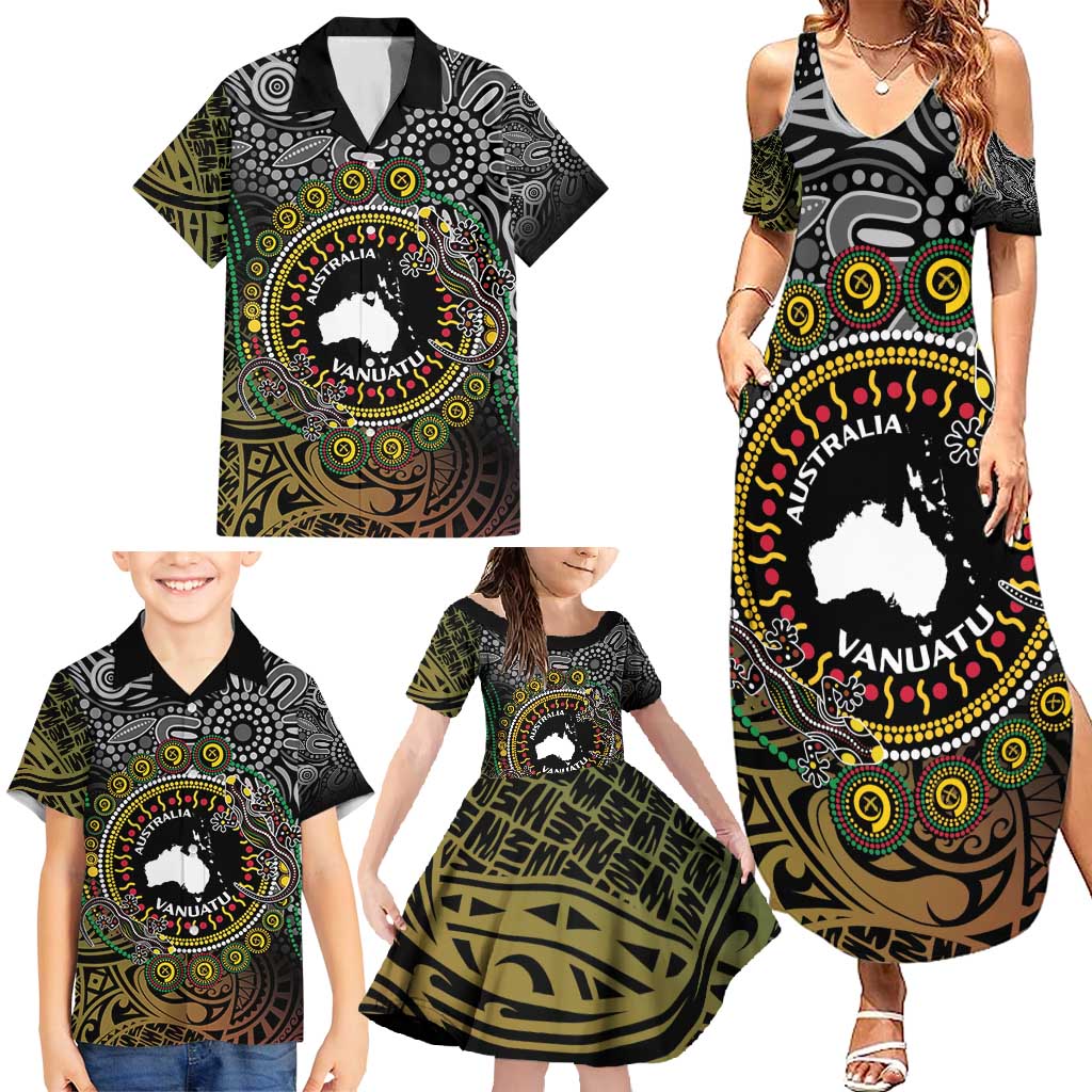 Personalised Australia And Vanuatu Family Matching Summer Maxi Dress and Hawaiian Shirt Aboriginal Lizard Polynesia Ni-Van Pig Tusk