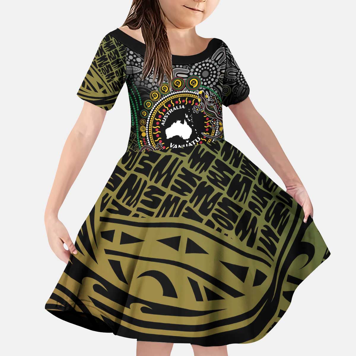 Personalised Australia And Vanuatu Kid Short Sleeve Dress Aboriginal Lizard Polynesia Ni-Van Pig Tusk