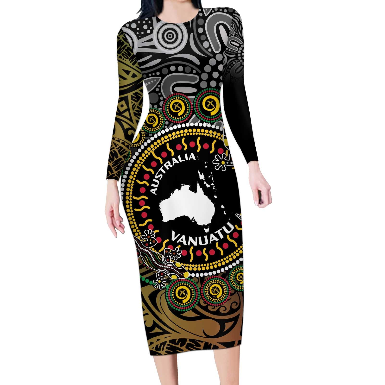 Personalised Australia And Vanuatu Long Sleeve Bodycon Dress Aboriginal Lizard Polynesia Ni-Van Pig Tusk