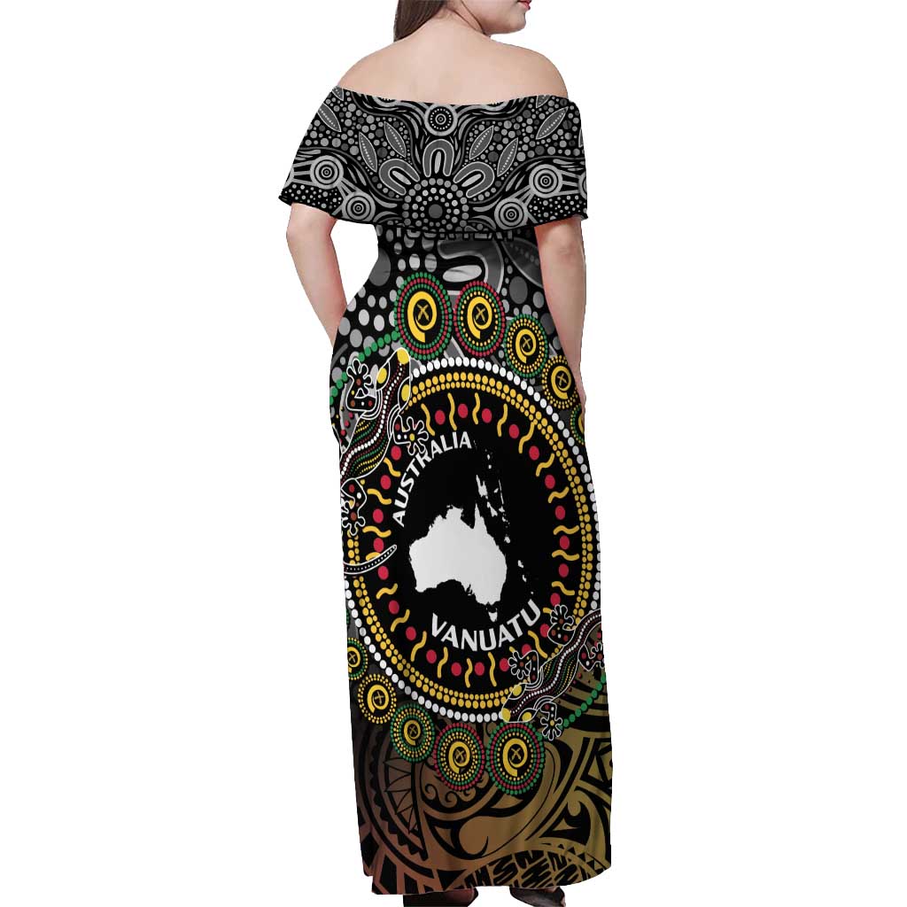 Personalised Australia And Vanuatu Off Shoulder Maxi Dress Aboriginal Lizard Polynesia Ni-Van Pig Tusk LT14 - Polynesian Pride